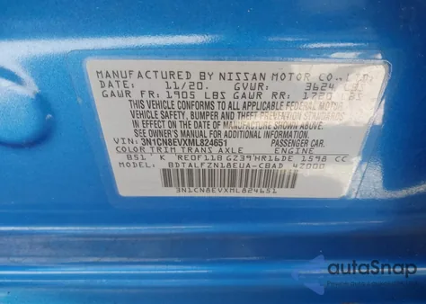 2021 Nissan Versa Sv Xtronic Cvt из США, поврежденный, VIN 3N1CN8EVXML824651